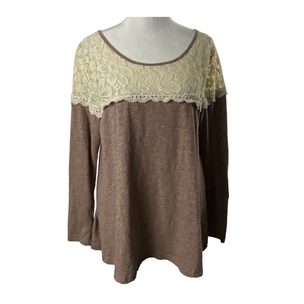 UMGEE Women Pullover Lace Bodice Sweater Long Sleeve Sz XL Brown Casual 40-4